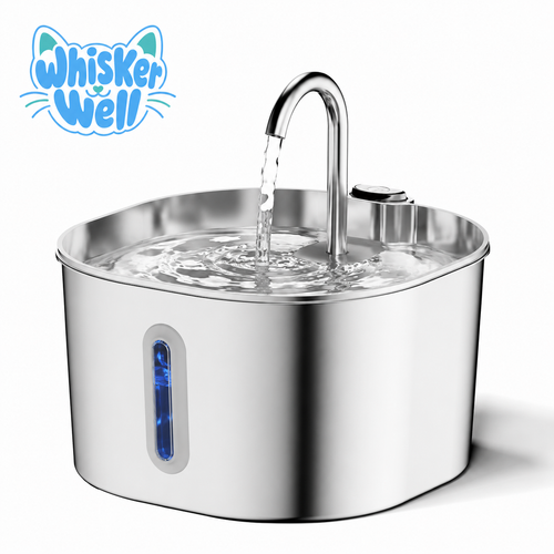 WhiskerWell™ stainless steel cat water fountain with smart motion sensor and LED indicator