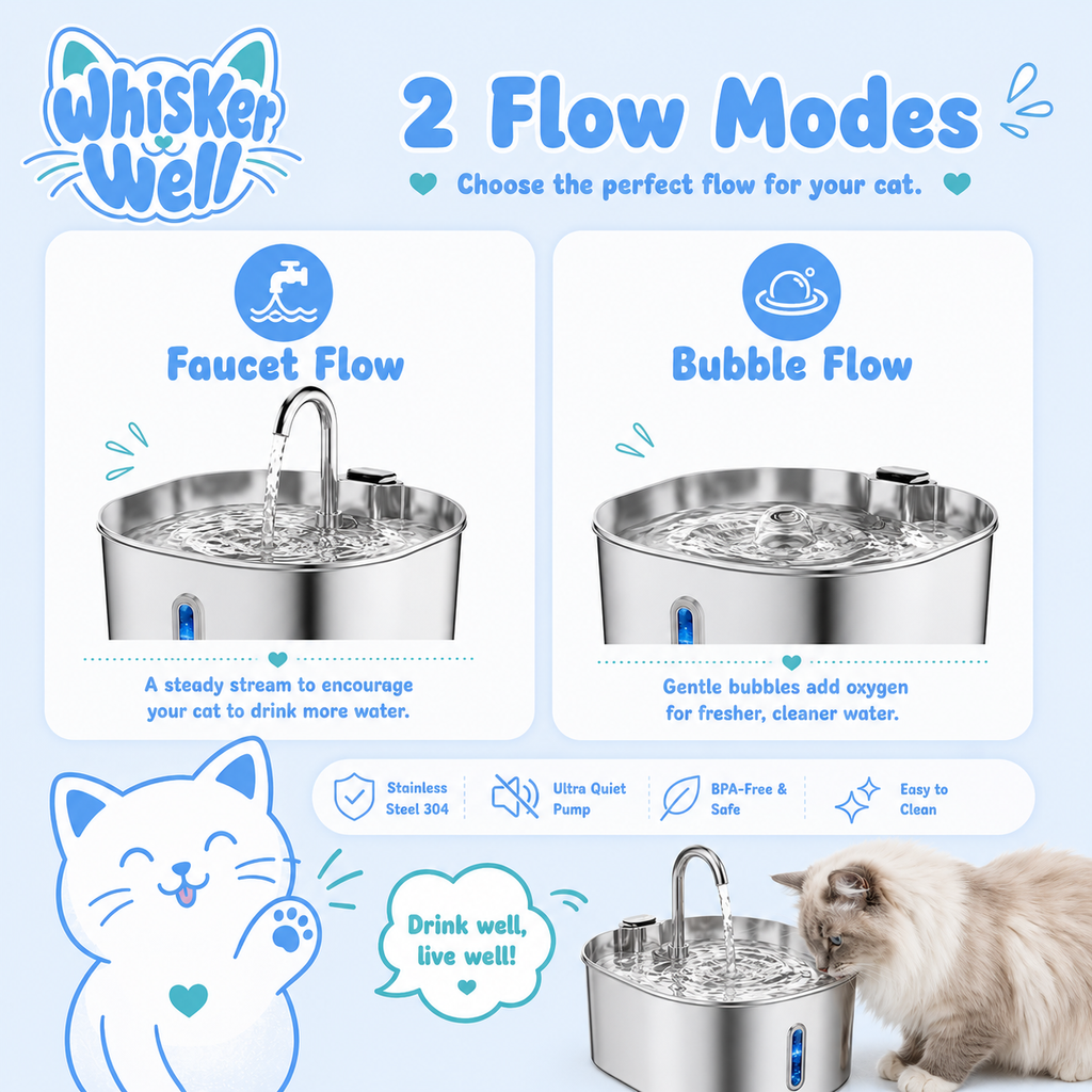 WhiskerWell™ cat fountain showing silent pump and triple filtration system components