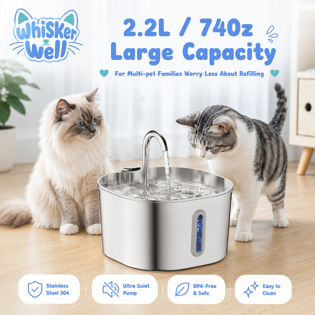 WhiskerWell™ cat water fountain 2.2L large capacity suitable for 1 to 3 cats