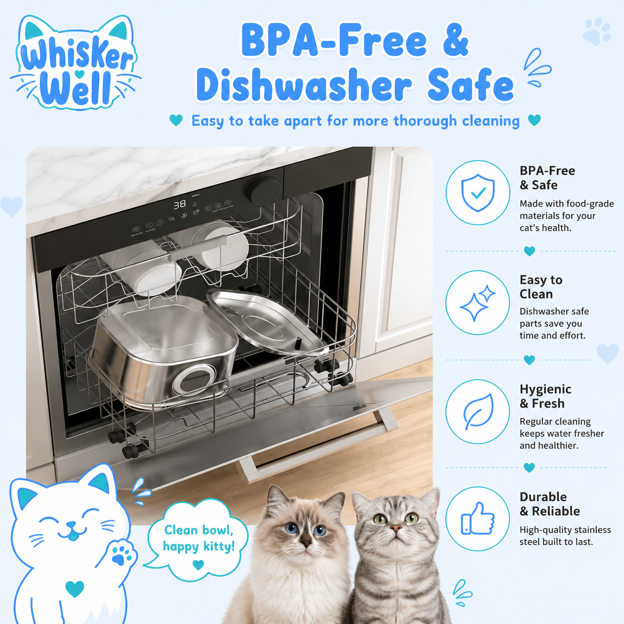 WhiskerWell™ cat water fountain USB 5V powered with ultra-silent pump and stainless steel design