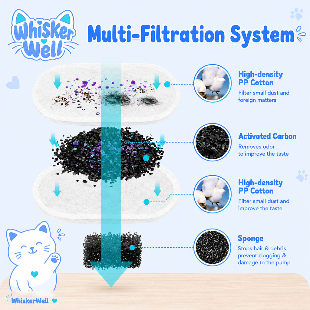 WhiskerWell™ fountain disassembled showing easy-clean stainless steel parts and replacement filters